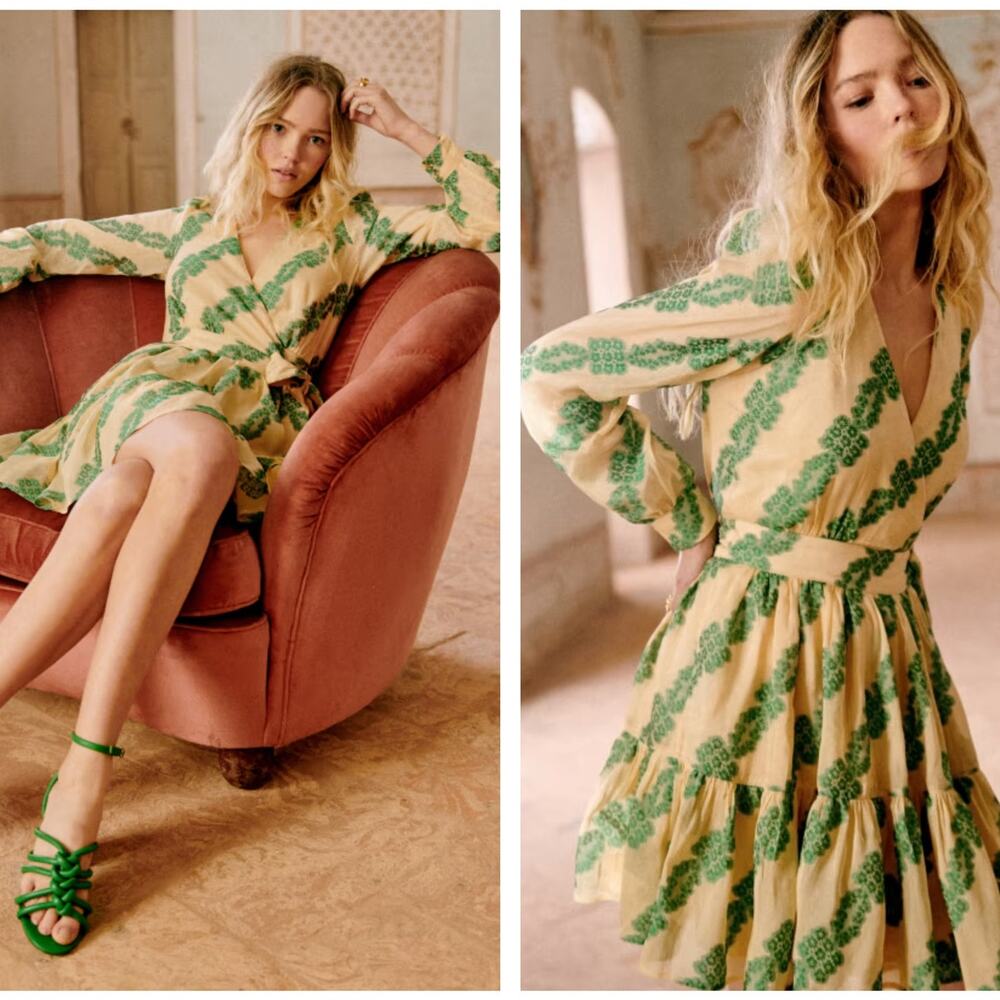 Sezane Green and Cream Mini Dress